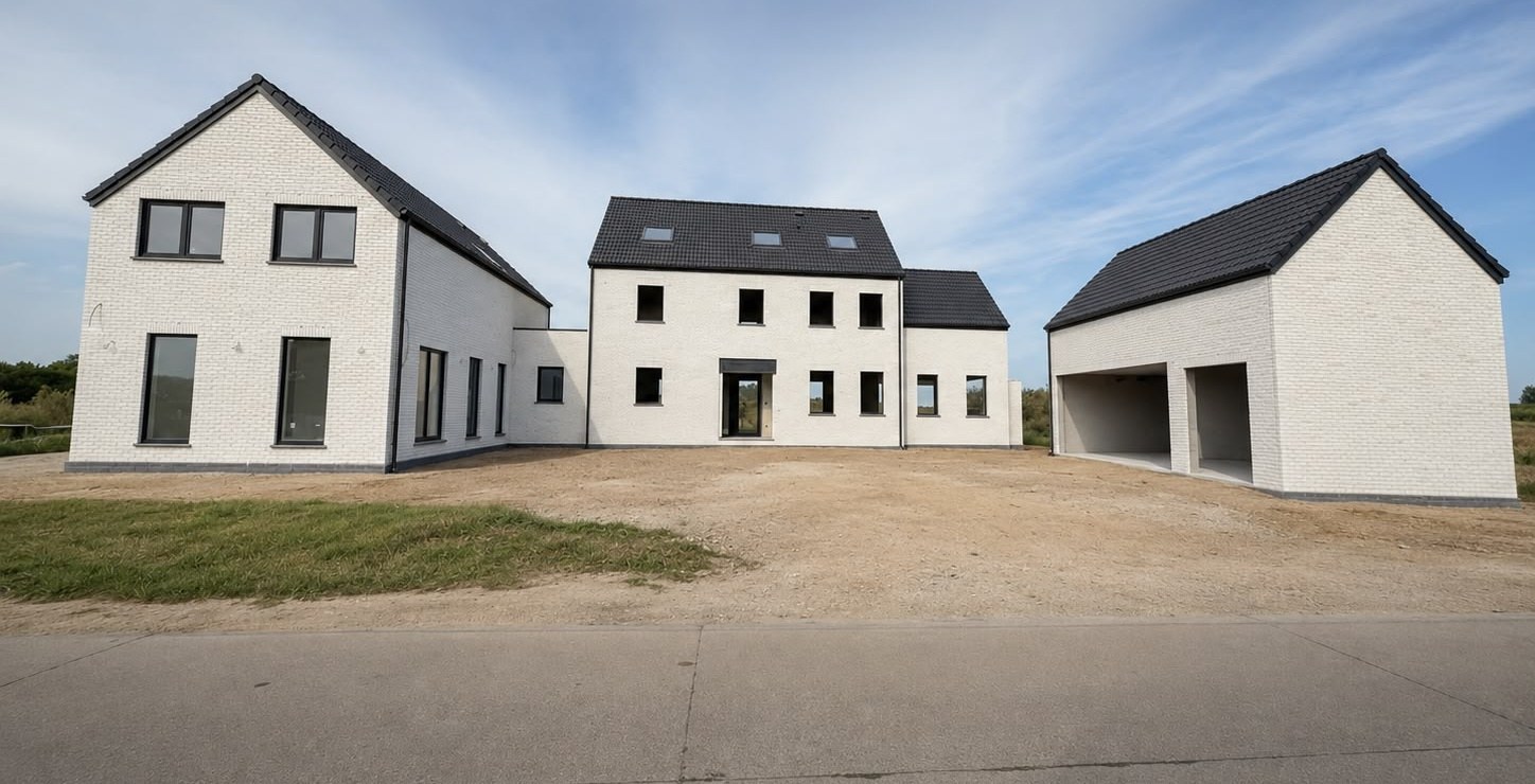 Chantier de Walhain — habitation, annexe professionnelle et garage, menés comme un ensemble unique.